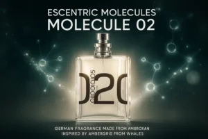شیشه عطر مولکول 02 با ساختار مولکولی و متن آمبروکسان