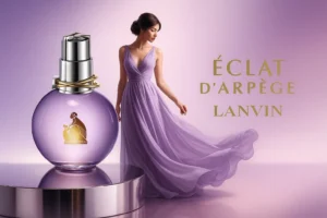 بنر عطر اکلت آرپژ لانوین با بطری بنفش شفاف، زن در لباس بنفش پرنسسی