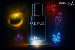 بنر عطر دیور ساواج با ظرف مشکی، همراه با تصاویر ترنج، فلفل قرمز، اسطوخودوس و آمبروکسان، نشان‌دهنده نت‌های عطر