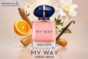 نت های عطر زنانه جورجیو آرمانی مای وی با ظرف صورتی و طراحی مدرن، همراه با پرتقال، وانیل و یاس